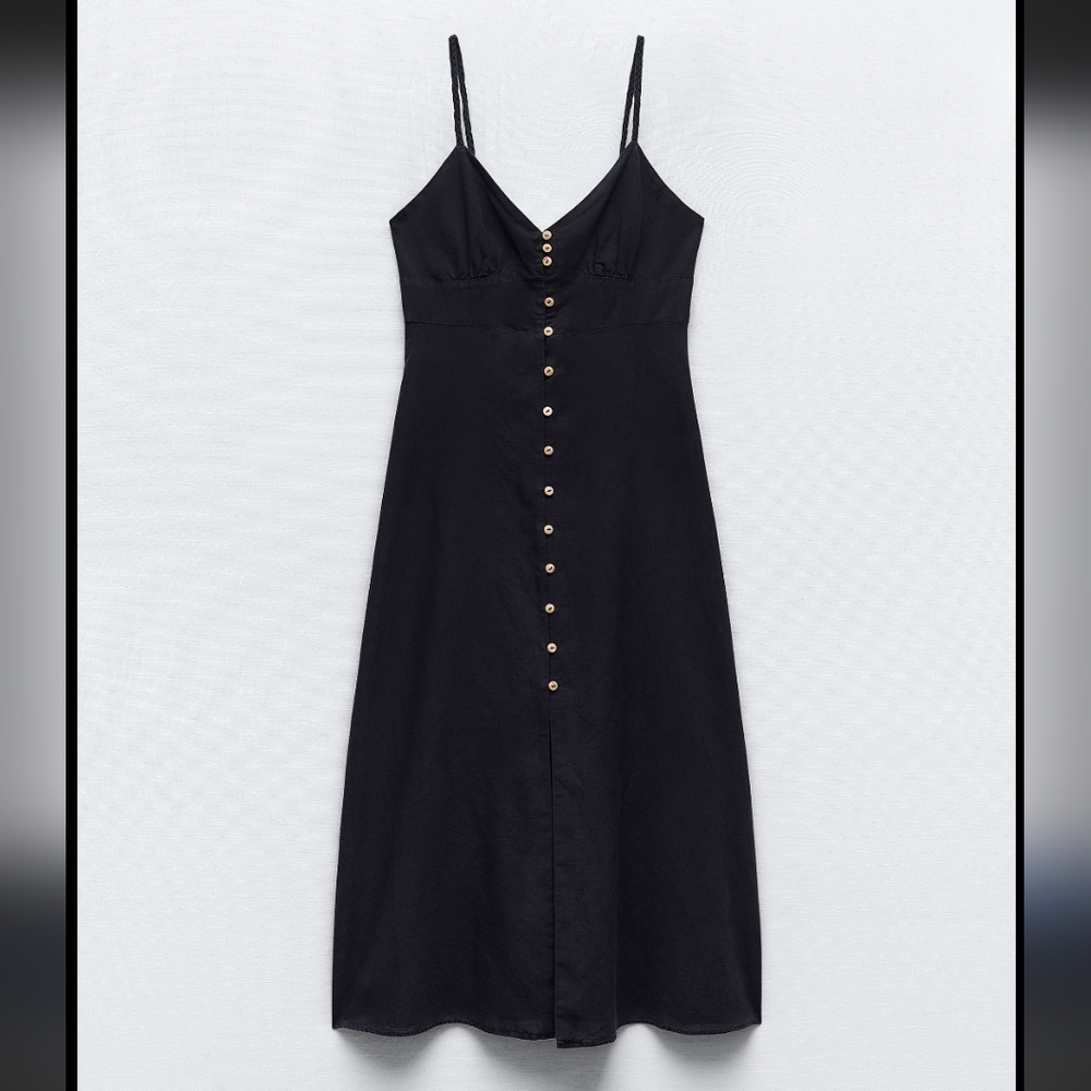 FLAWED - Zara Linen Blend Midi Slip Dress XS Black V-neck wooden button